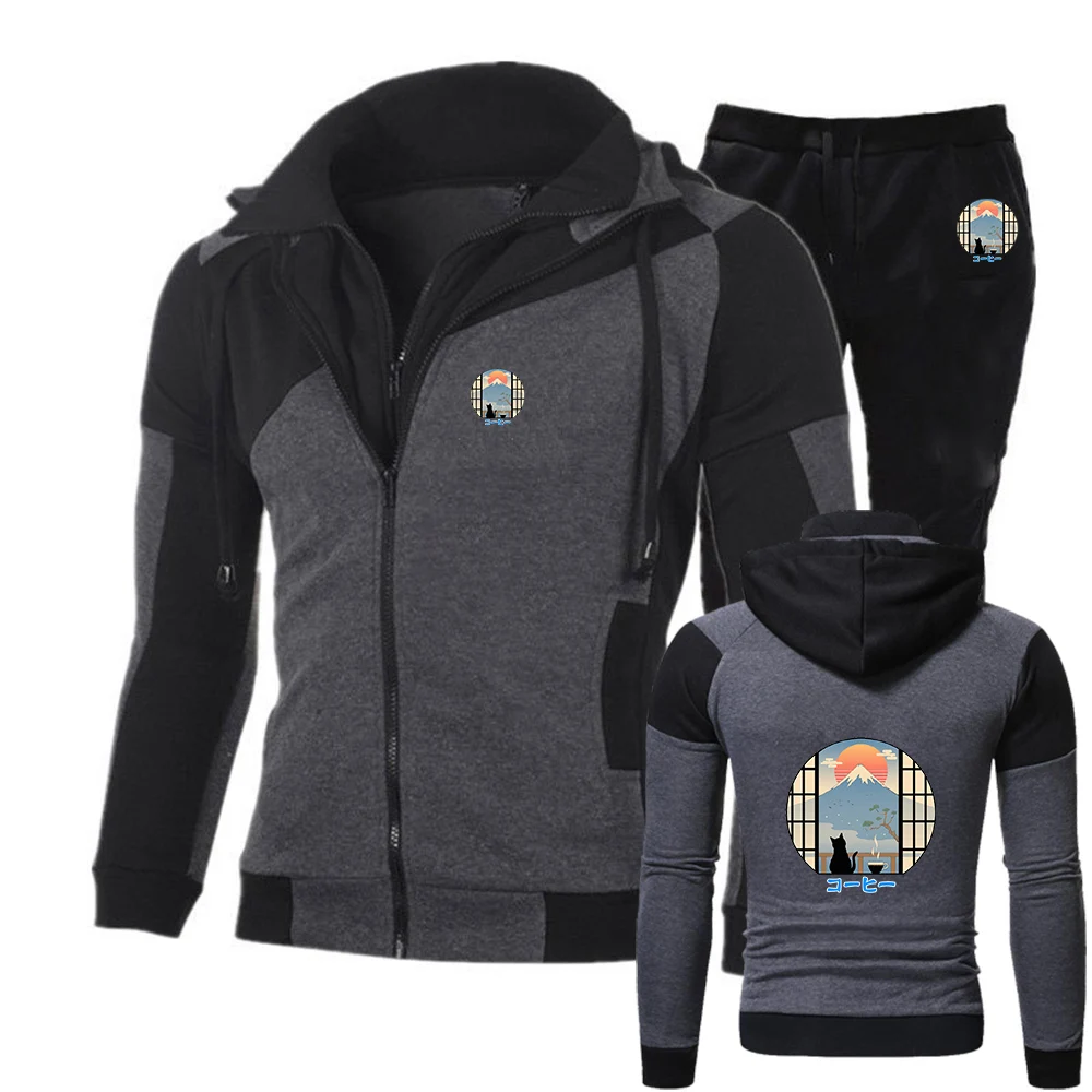 2025 Coffee Cat in Mt Fuji Spring Autumn Men's Trendy Casual Diagonal Zipper Hoodies + Drawstring Sweatpants Suit
