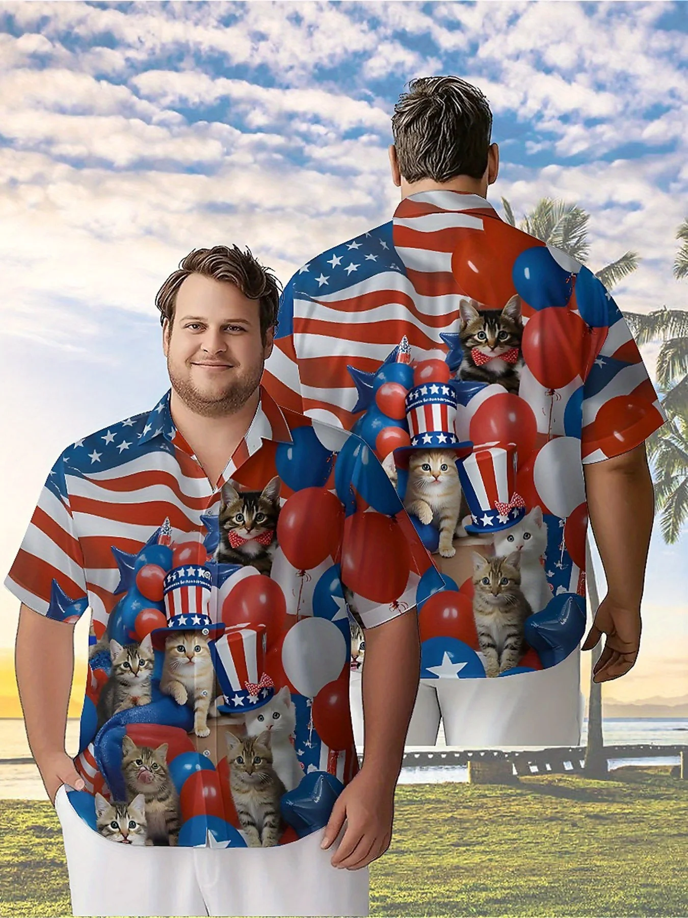 

Men's Plus Size Hawaiian Shirts Cat and Balloon Pattern,New Summer Fashion Tops,Hip Hop Streetwear