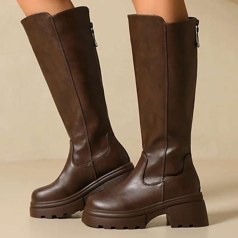 Retro Platform High Knight Boots Women's Autumn and Winter New Round Toe Block Heel No Knee Boots High Heel Skinny Elastic Boots