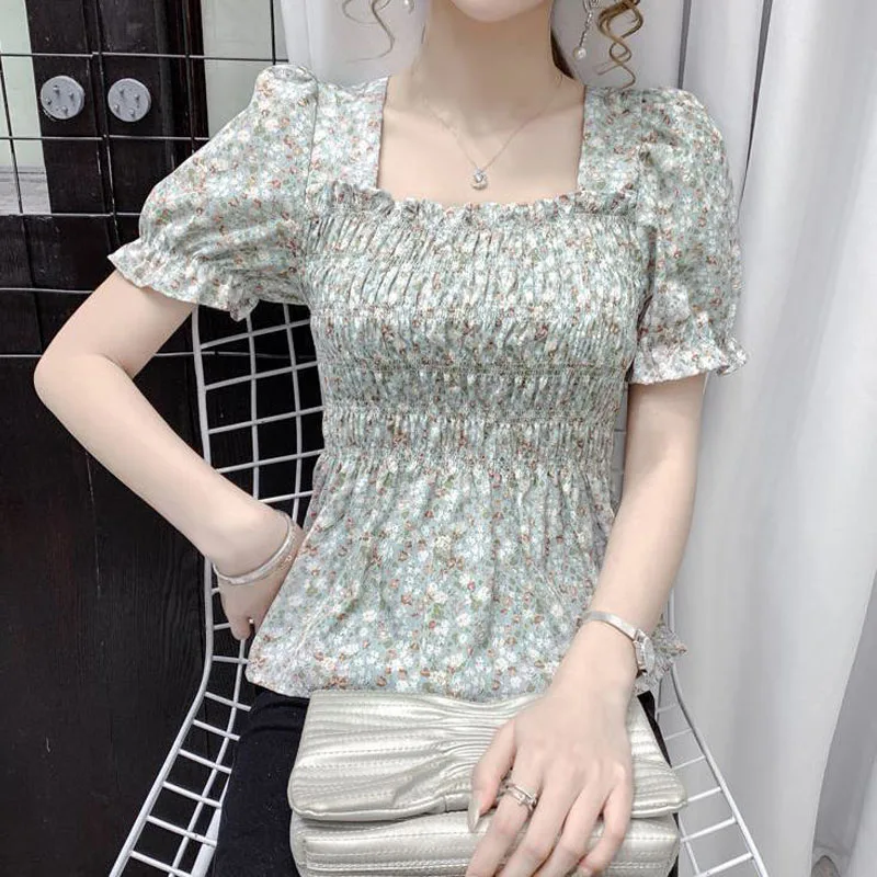 Korean Fashion Square Collar Printing Chiffon Tops Skinny All-match Ladies Elegant Puff Sleeve Tee Summer 2023 Women\'s Clothing