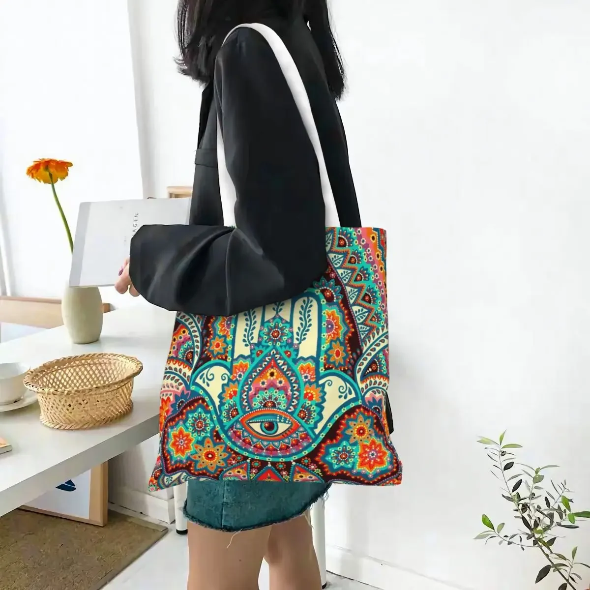 Women Men Hamsa Hand Mandala Flower Tote Bags Large Capacity Bohemian Boho Grocery Bag for Shopping Handbags