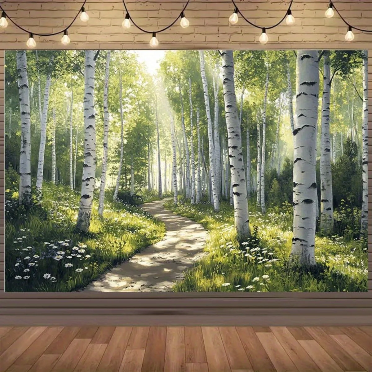 Birch Forest Tapestry Polyester Sunlit Path Green Foliage Wall Hanging Nature Decor Living Room Bedroom