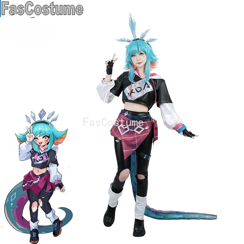 

FasCostume game lol kDa Neeko косплей костюм женский супер фанат Neeko костюм Хэллоуин праздничный костюм полный комплект с хвостиками