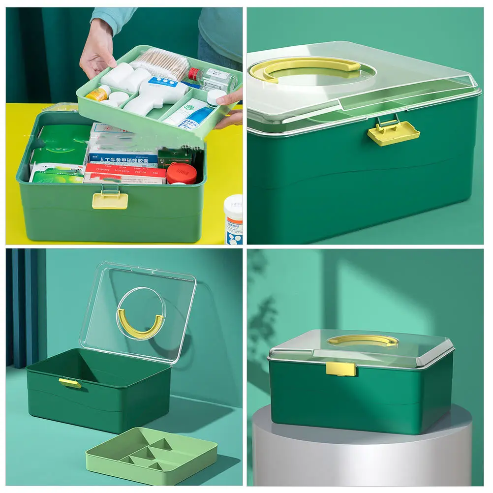 1 قطعة صندوق دواء محمول منزلي تخزين الطوارئ طبقة مزدوجة سعة كبيرة منظم طبي خارجي