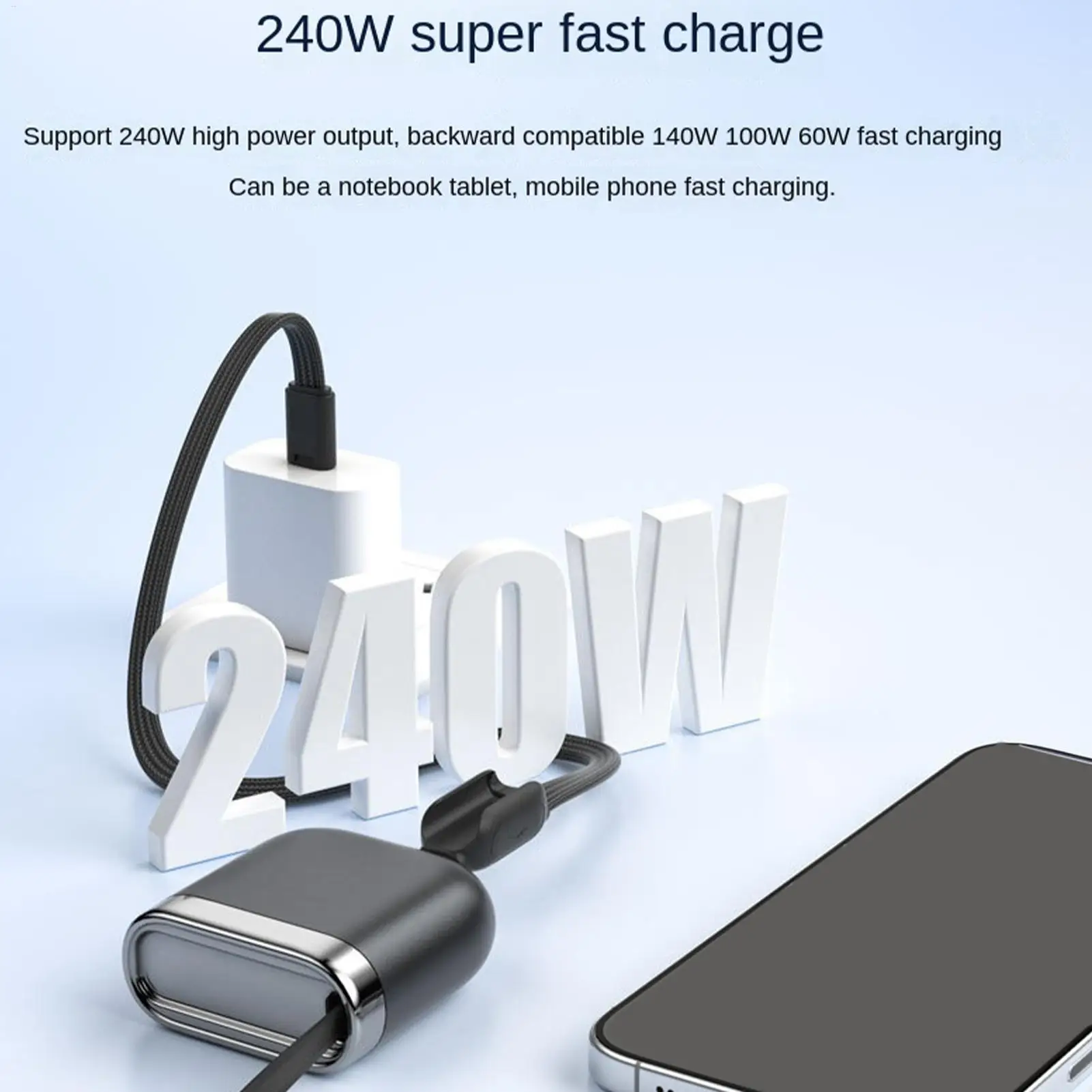 Retractable USB C Cable 240W Retractable Phone Tablet Type C Wire USB Cable for Home Bedroom Dormitory Outdoor Travel Camping