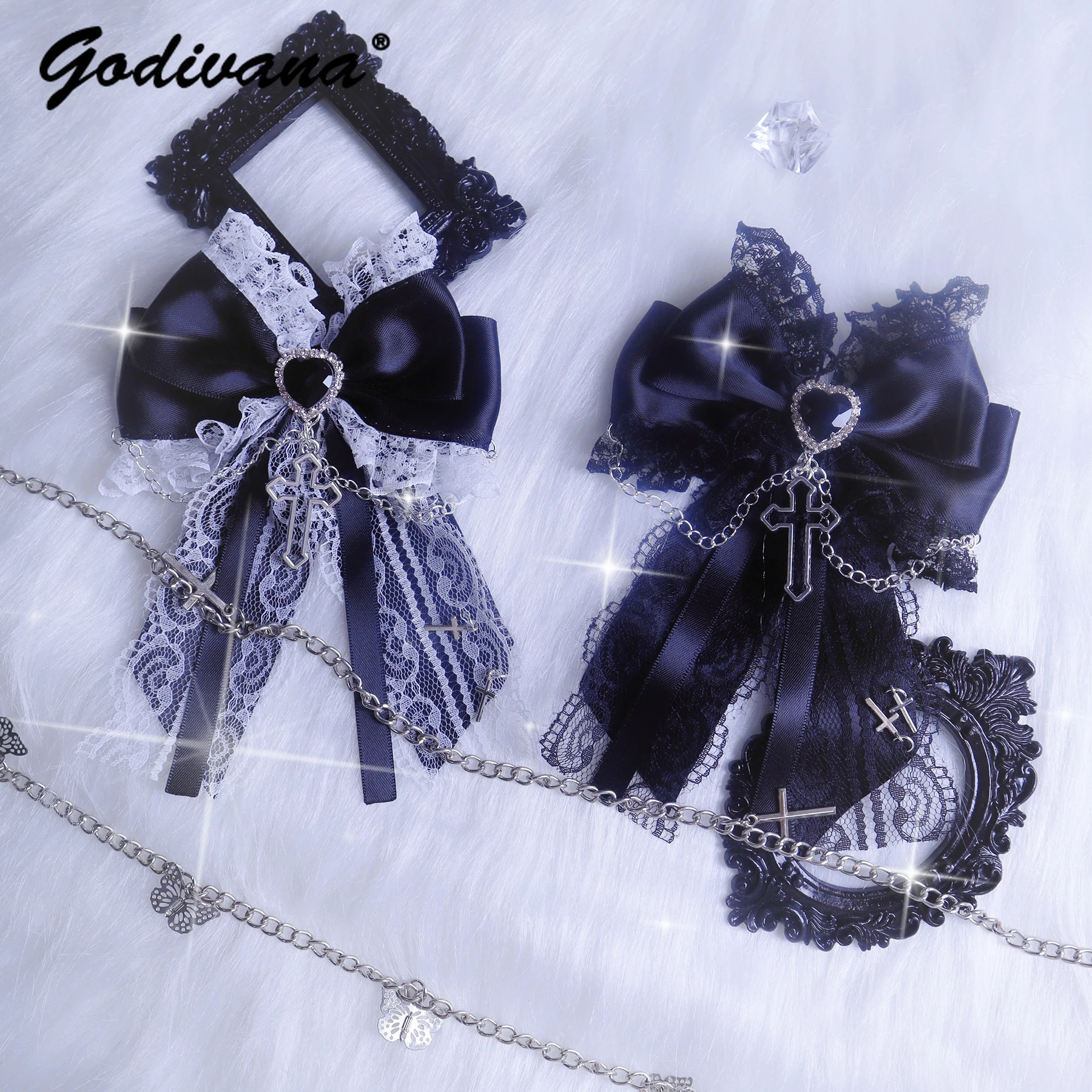 

Mine Style Subculture Cross Heart-Shaped Lace Chain Bow Barrettes Side Clip Headdress Lolita Girl Students Hairclips