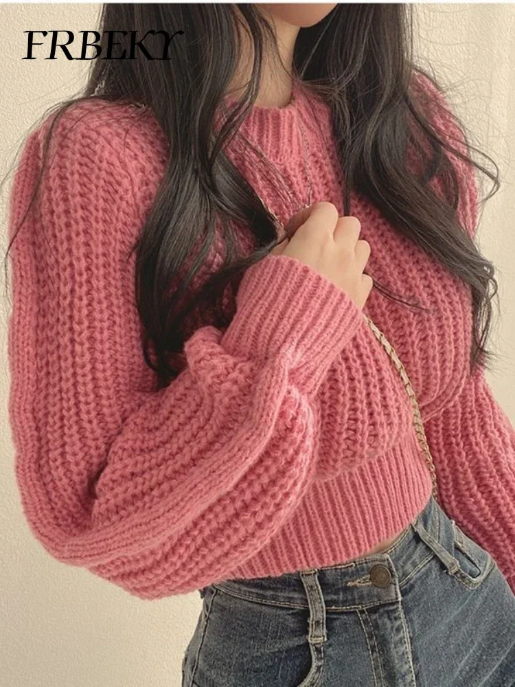 

Korean Fashion Women's Sweater Autumn Solid Colour Loose Jumper Simple Short Section Round Neck Knitted Pullover Streetwear