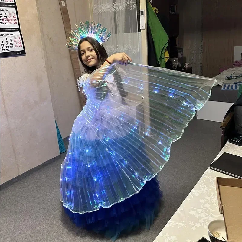 LED Dance Fairy Wings Cloak Children Dancers Colorful Butterfly Wings+Stick Stage Performance Belly Dancing Carnival Party Prop