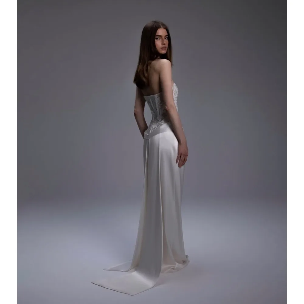White Ivory Lace Applique Corset Bodice Satin High Slit Column Wedding Dress Bridal Gown Formal Evening Occasion