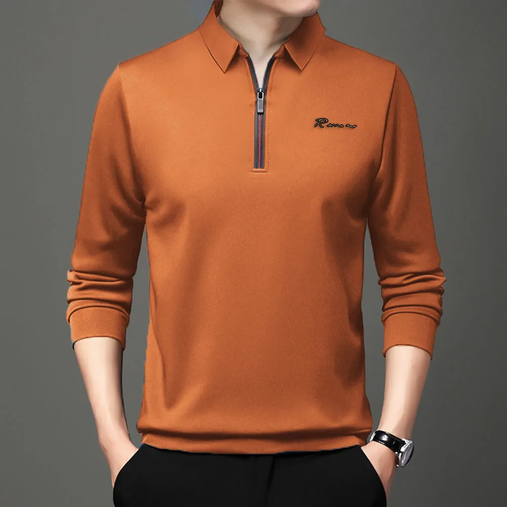 New Letter Print Solid Polo Shirt Lapel Long-sleeve Zipper Collar Fashion 2023 Autumn Thin Shirts Casual Loose Tops Men Clothing