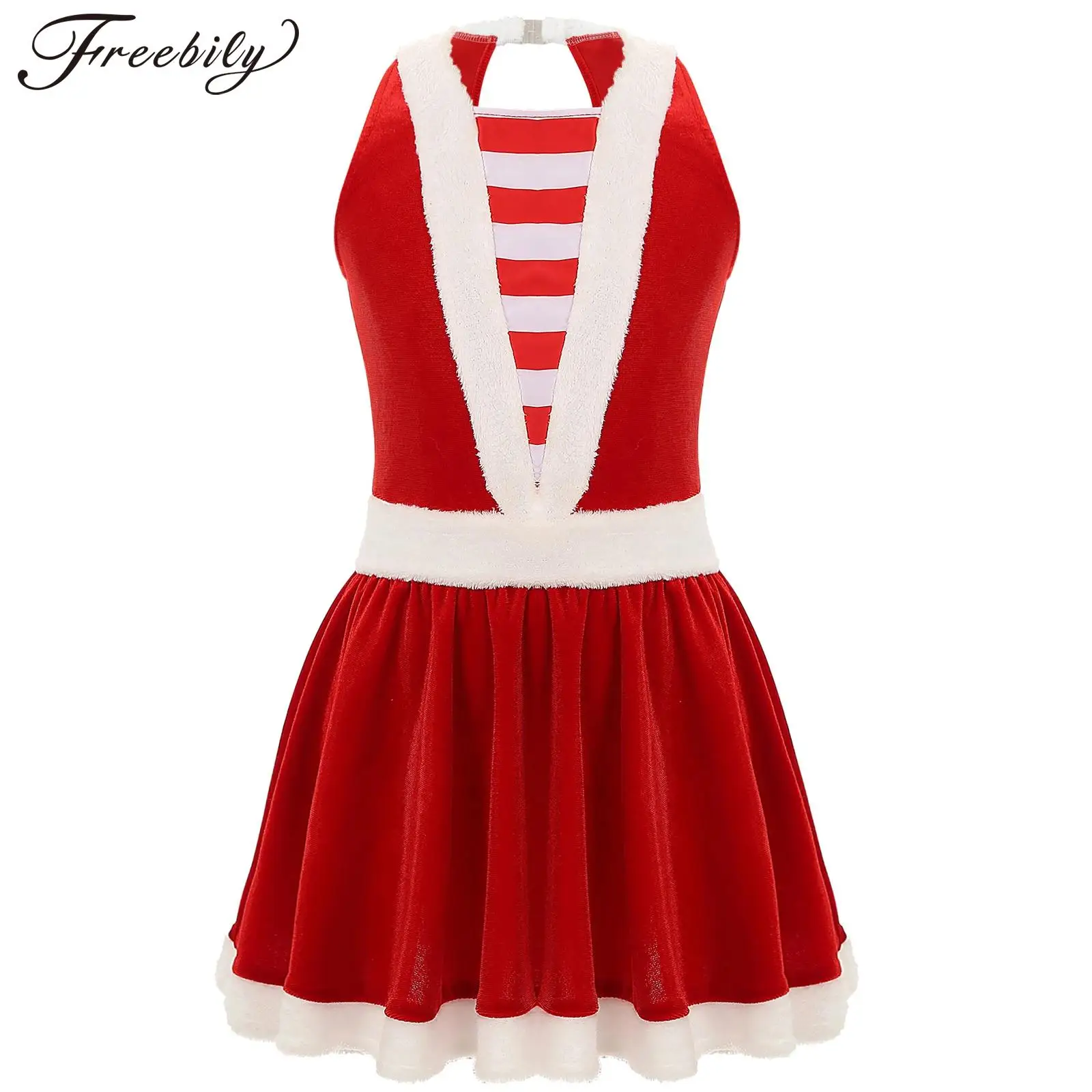 Kids Girls Christmas New Year Party Dress Xmas Santa Claus Cosplay Performance Costume Sleeveless Sequin Velvet A-Line Dresses