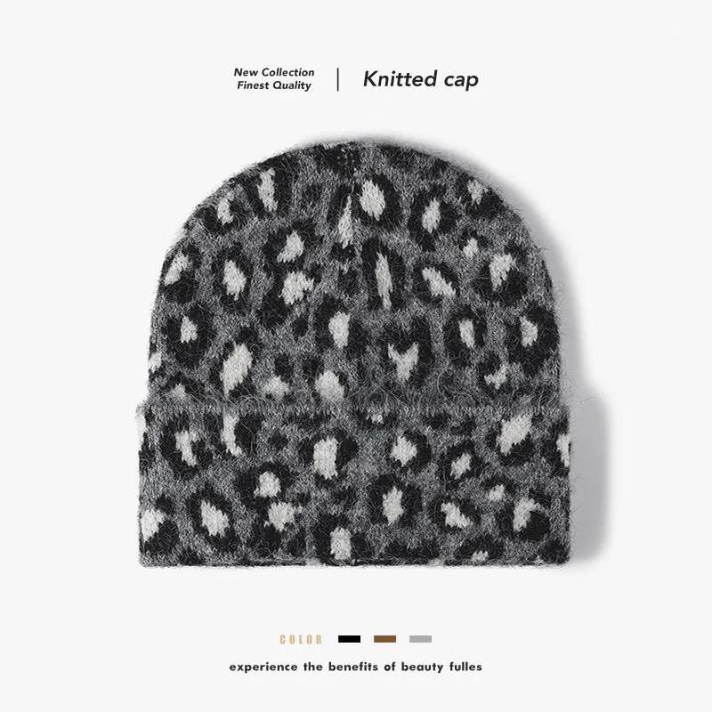 European and American leopard print knitted hat, autumn and winter wool blend, warm, windproof, breathable, foldable