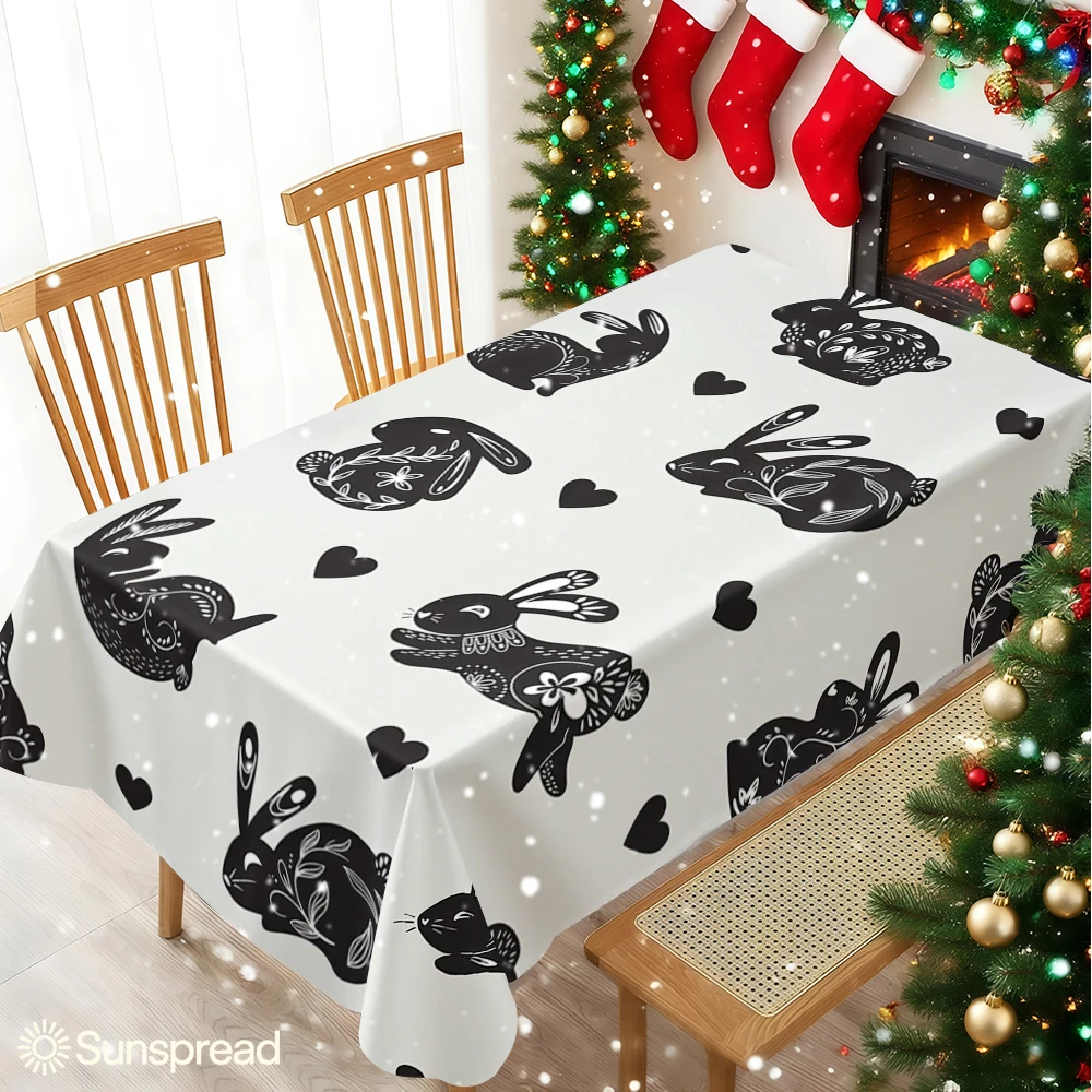 Light Black Rabbit & Heart Table Cloth Waterproof Tablecloth Spill Proof Table Cloth, Wipe Clean Table Cloth for Dining Camping