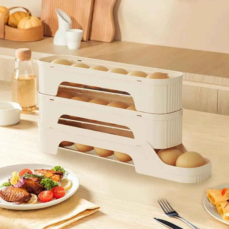 

Refrigerator Egg Storage Slide Type Refrigerator Egg Dispenser Space-Saving Auto Rolling Fridge Egg Organizer Multiple Tiers