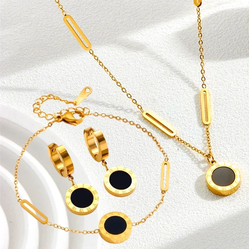 4pcs/setStainless Steel Black And  White Roman Numeral Pendant Necklace Bracelet Earrings Ladies Banquet Jewelry Set ,Party Gift