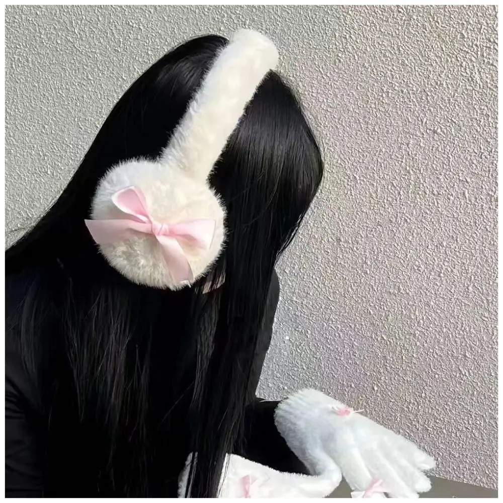 New Bowknot Gloves Plush Kawaii Winter Warm Earmuffs Comfortable Outdoor Cold Protection Ear Warmer