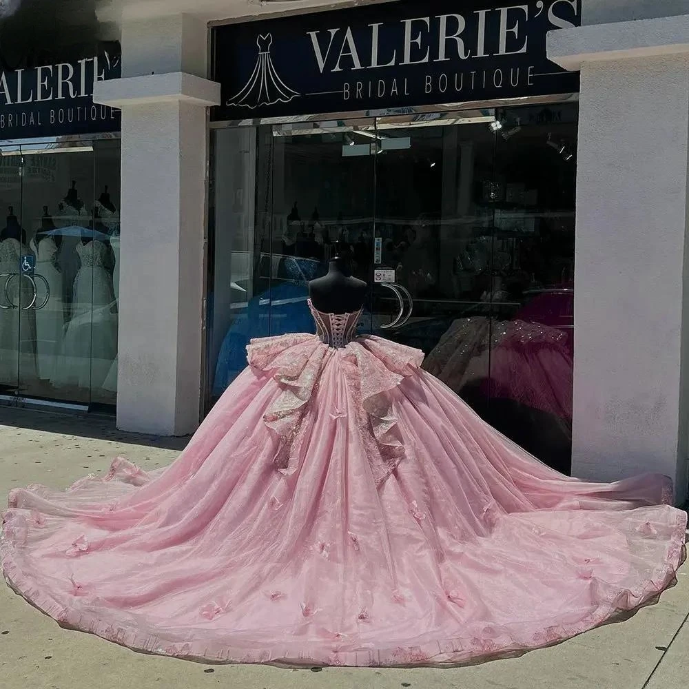 الوردي لامعة الحبيب أكمام كشكش الكرة ثوب Quinceanera شجرة الدانتيل حبة كريستال تول Vetido دي 15 Ano الحلو 16 #2