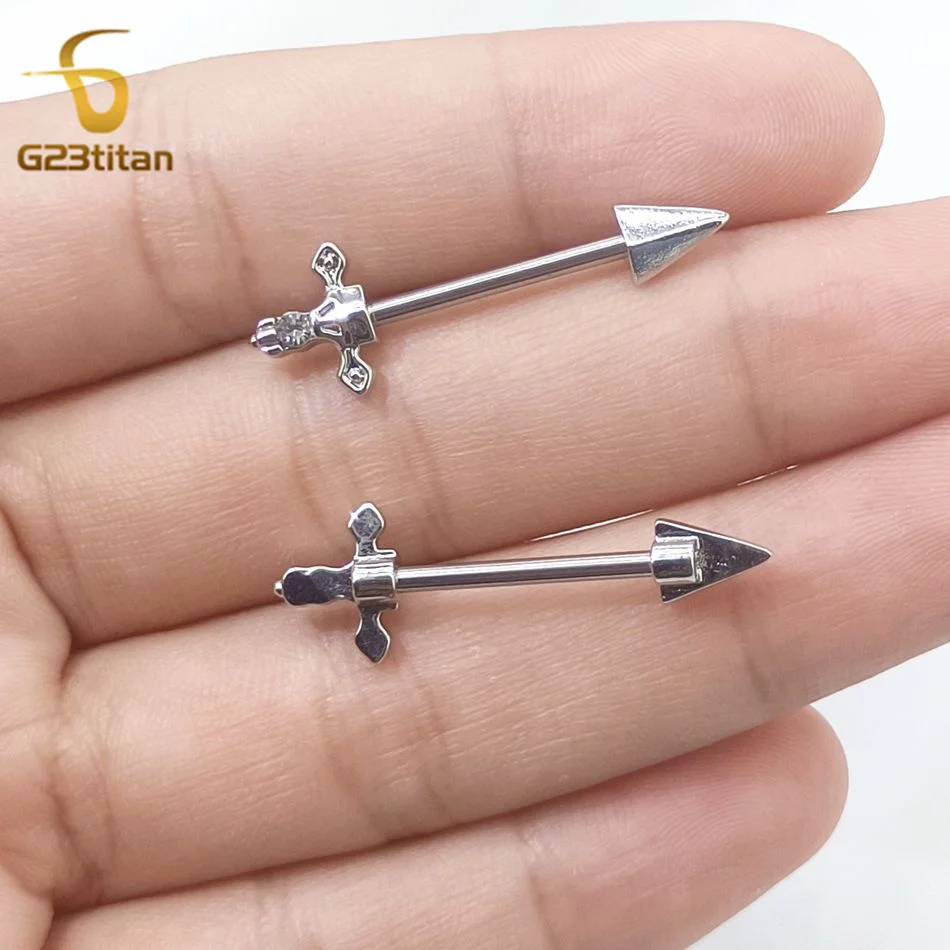 G23Titan 2pcs Cross Sword Zircon Nipple Rings 14G Titanium Barbell Body Piercings Anti Allergic Women Sexy Jewelry Accessories