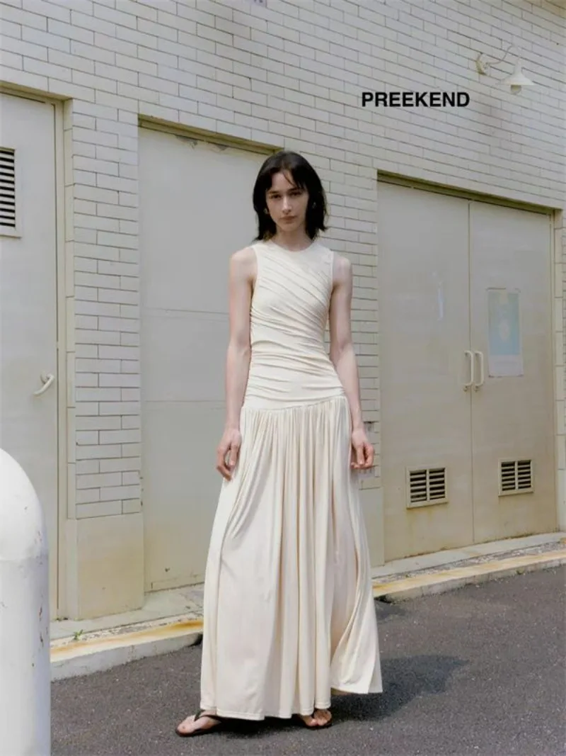 فستان ميدي عتيق مكشكش بدون أكمام للنساء بخصر عالٍ مطوي على شكل حرف A فستان طويل للسيدات ملابس صيفية أنيقة عصرية 2025