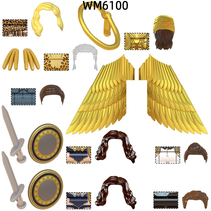 Набор MOC-блоков WM6100: Детали для фигурок (оружие, брюки, волосы, меч, щит, лапа, хлыст, крылья) – Подарки и игрушки