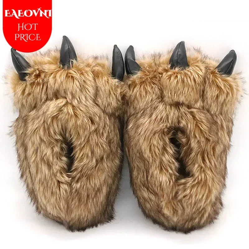 Animais besta garra sapatos slides para homens diversão chunky fuzzy chinelos masculino pelúcia quente urso pata amantes chinelos engraçados