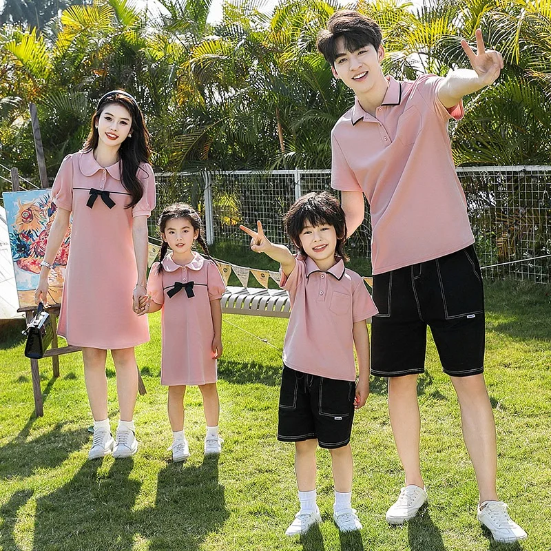 Pink Family Matching Outfits Polo Shirt Women Blouse Dress Couple Set Wear Tee Summer Holiday Mother's Day Jean Short Pants Gift