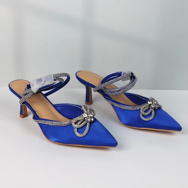 Damskie buty na wysokim obcasie Pumps Wedding 2024 Shiny Bow Knot Mules Pointed Stilettos Fashion Slingback Blue Sexy Summer Female Party Shoes