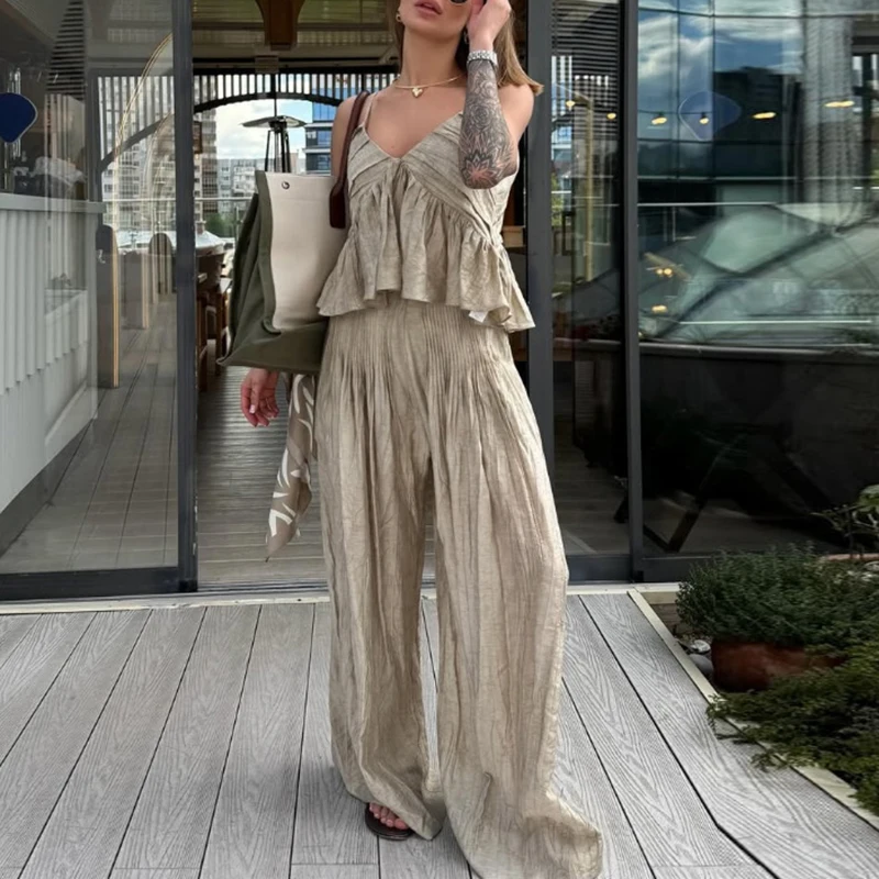 

Elegant Lady Casual Commute Two Piece Suits V-neck Halter Sleeveless Tops&Pants Sets Summer Solid Color Loose Vacation Outfits