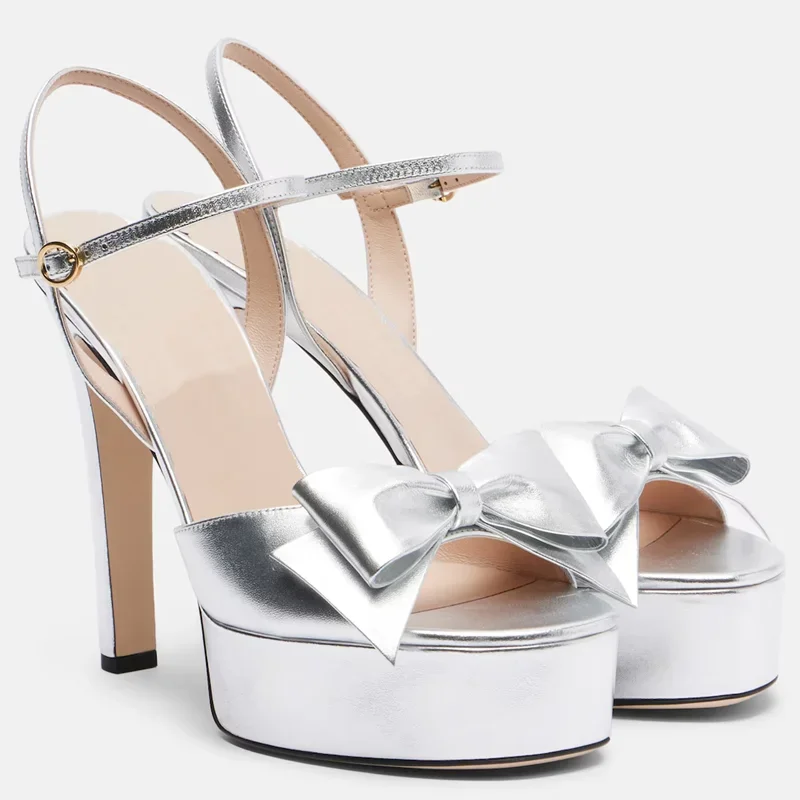 Butterfly Knot Shiny Patent Leather Sandals Sexy Round Toe Squar Heel Customized New Arrivals Fashion Women Modern Shoesl