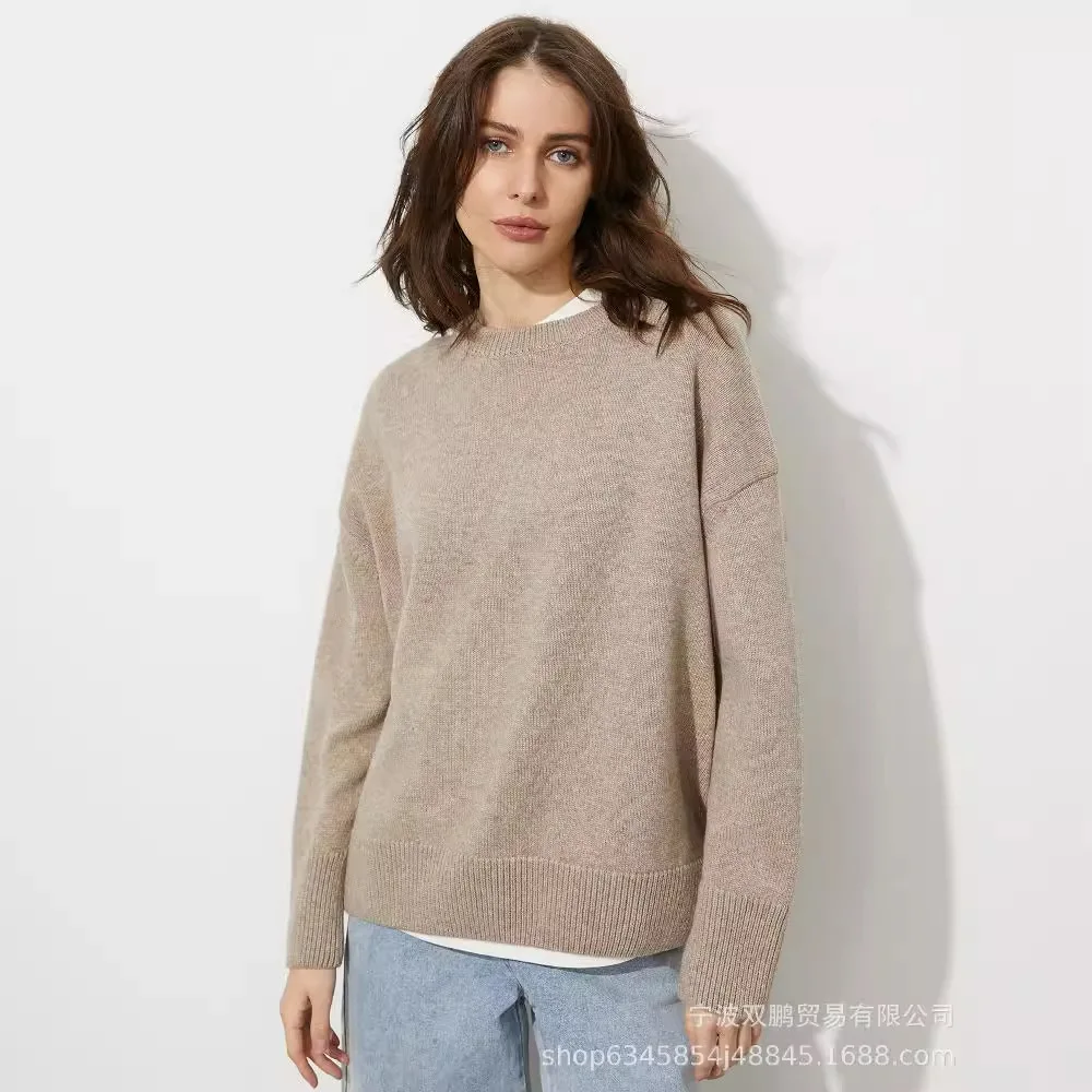 

Solid color round neck sweater women's soft knitted top