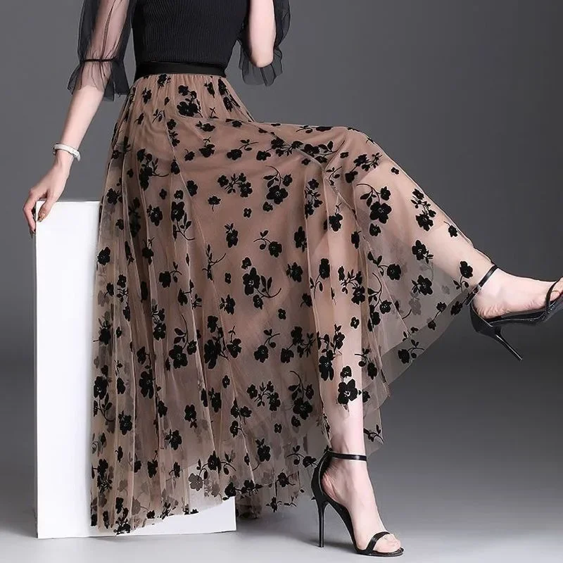 

Women's Spring Autumn Tulle Skirt Korean Fashion Long Midi Skirt High Waist Elegant Female All Match Mesh Skirts Floral Print