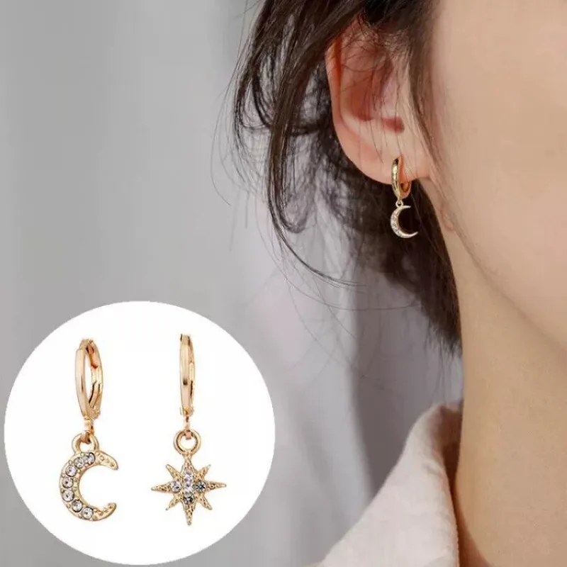 925 Sterling Silver CZ Star Moon Asymmetric Hoop Earrings for Women Girls Gold Silver Color Party Jewelry Gifts