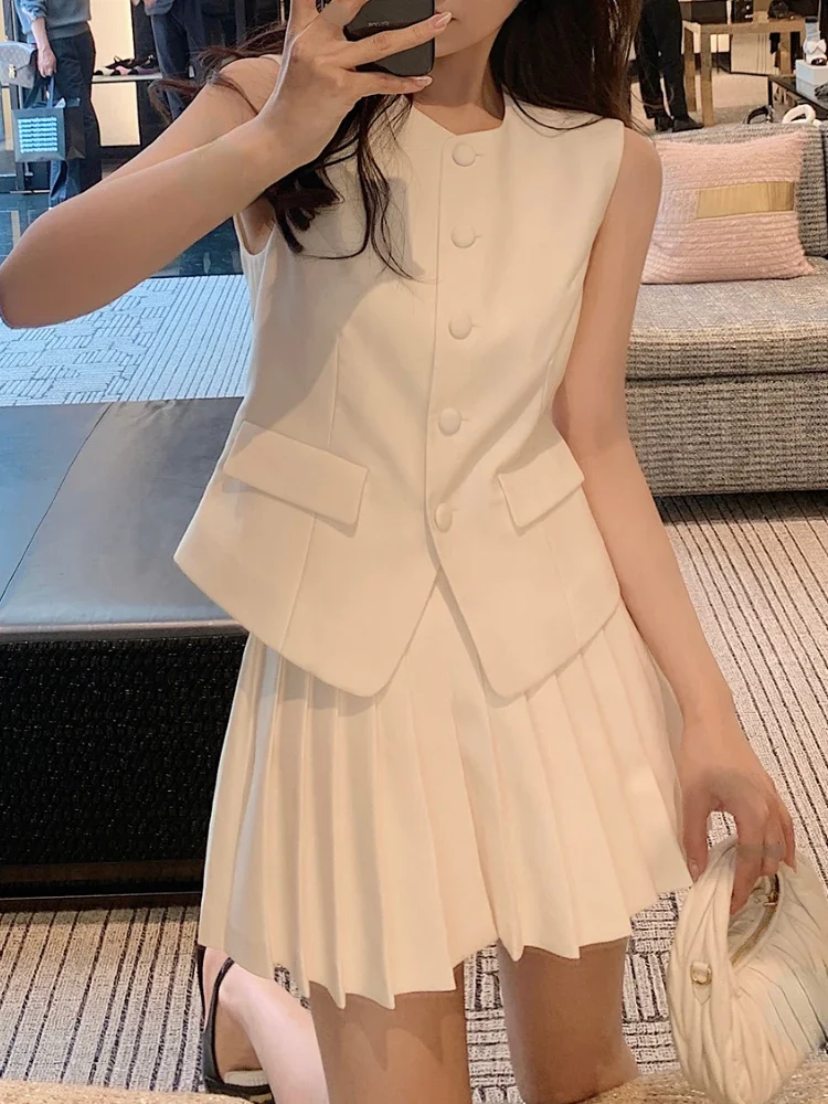 Pure Color Office Lady 2 pezzi Dress Set donna senza maniche Casual Y2k Crop top + Mini Skrits 2023 Summer coreano Fashion Suits