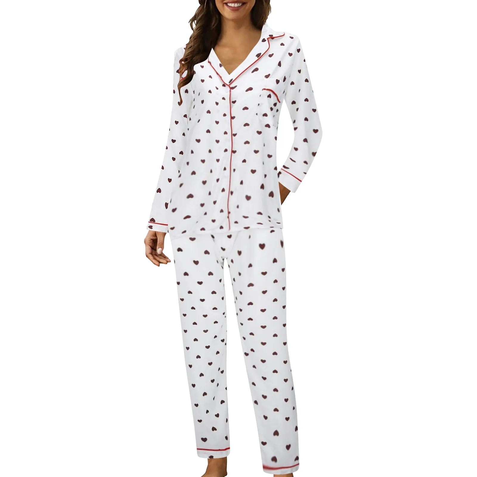 Cotton Sleepwear Korean Pajamas Women Spring Cute Heart Print Pyjamas Long Sleeve Pijama Female Set Negligee Cardigan Suit