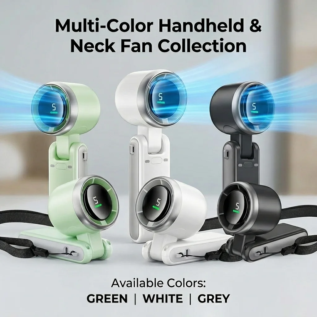 GMOX Strong Wind 5-Speed LED Display 180° Foldable Handheld & Neck Fan, Turbo Portable Cooling Fan for Travel Outdoor Office