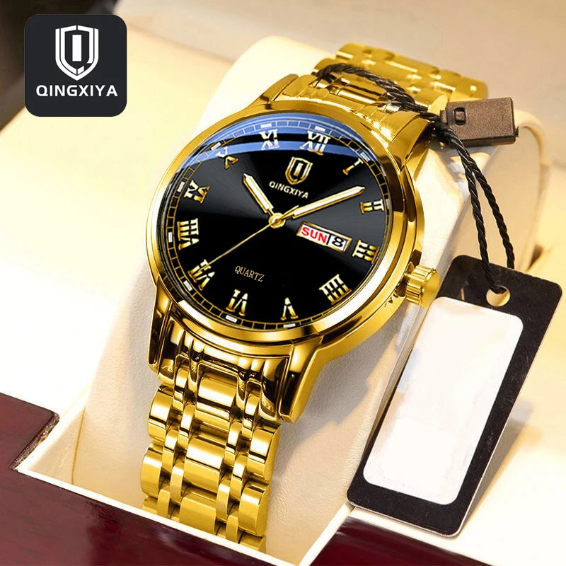 

QINGXIYA Brand New Fashion Quartz Watch for Men Luxury Stainless Steel Gold Strap Waterproof Luminous Business Mens Watches