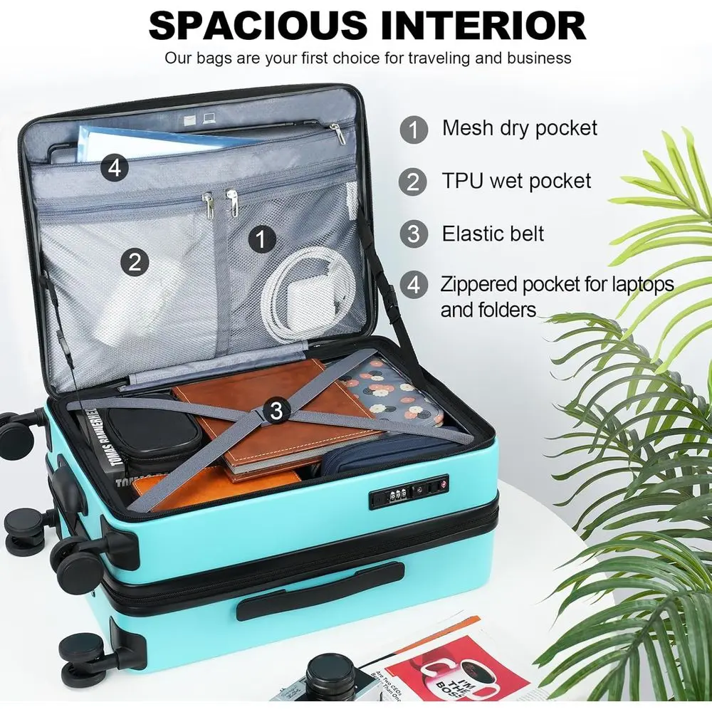 Mala giratória expansível de 20 polegadas com porta USB, trava TSA e abertura superior, azul lago