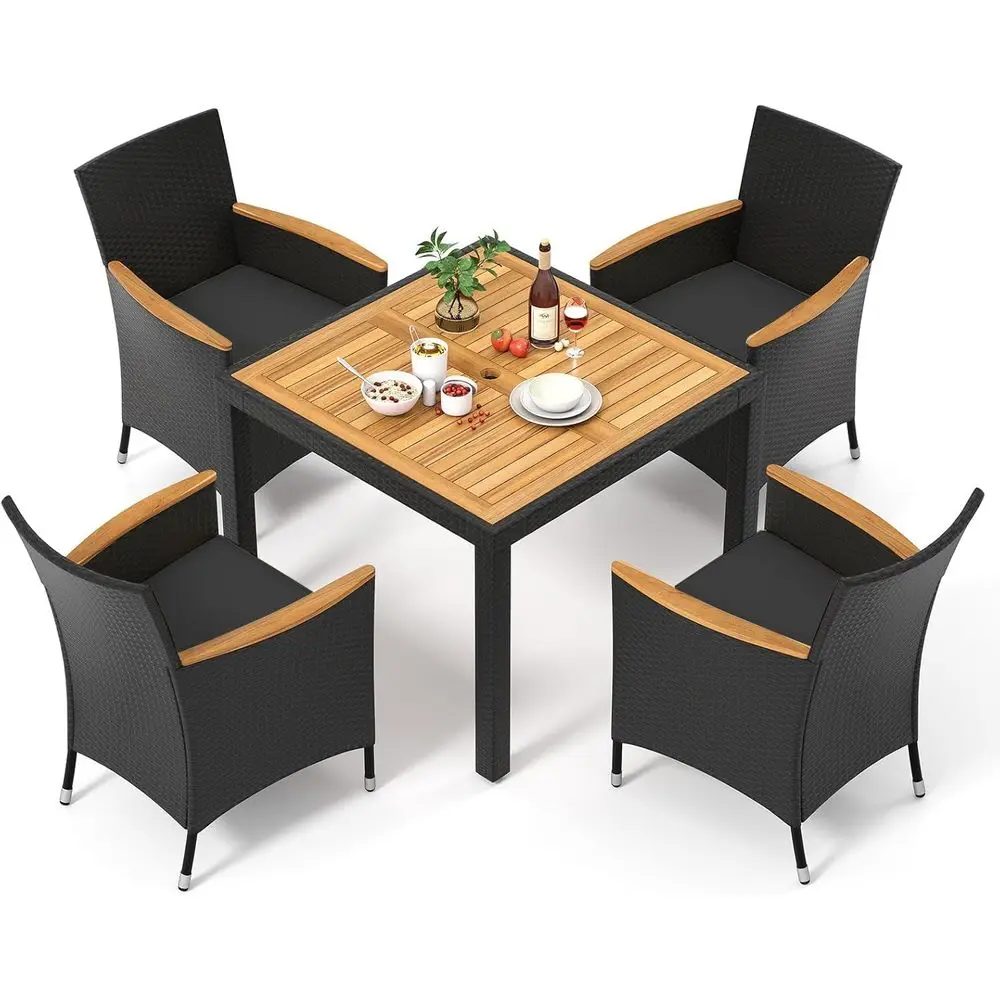 

Patio Dining Set for 5 with Acacia Wood Table, 8-Seat Outdoor Table, Rattan Chairs & Cushions