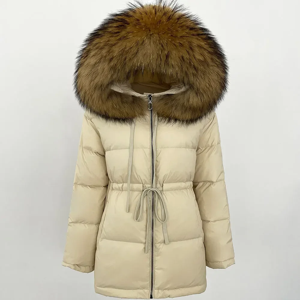 الشتاء سترة منفوخة النساء كبيرة الطبيعية الراكون الفراء مقنعين معطف فرو دافئ وشاح التعادل سترات مقاوم للماء 90% بطة أسفل معطف الإناث