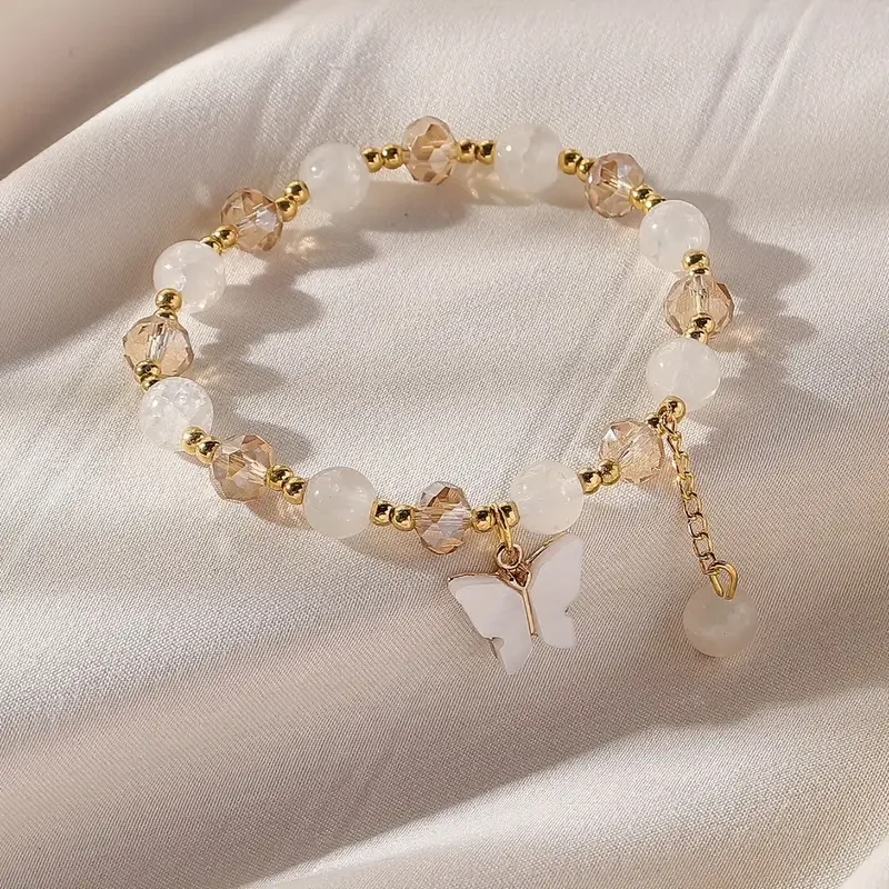 Purple Butterfly Charm Beaded Stretch Bracelet For Women Multi Color Crack Faceted Beads Round Charm Cute Girls Jewelry Gift