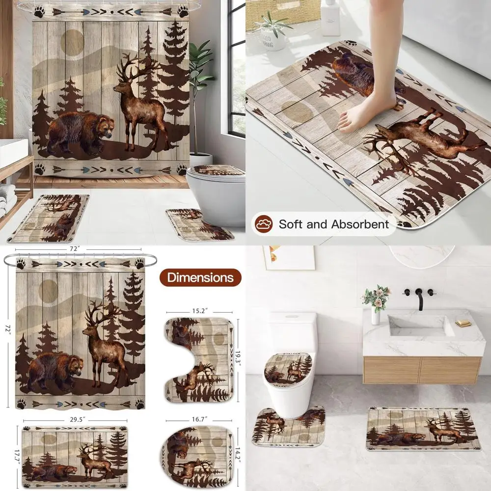 

Farmhouse-Style Shower Curtain Set with Deer & Bear, Non-Slip Rugs, Toilet Cover, and Bath Mat (Wood Decor, Hooks Not Included)