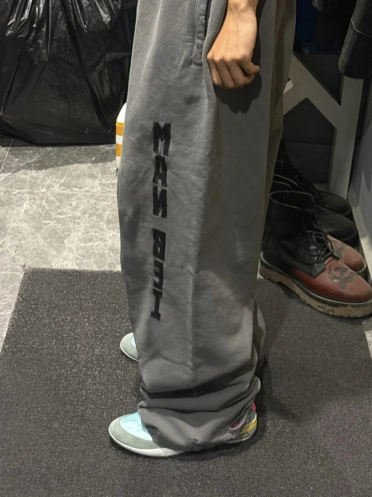 

ey Distred Sports Pants with Letter Patchwork Embroidery Loose Wide Leg Casual Trousers for Men Tagkita Brand Cotton Fabric