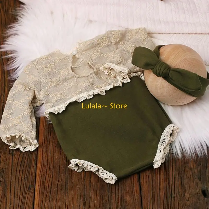 Y4QA Photo Props for Baby Girls 0-3M Headdress & Lace Jumpsuits Month Party Photo Clothes Newborn Hair Bows Outfit