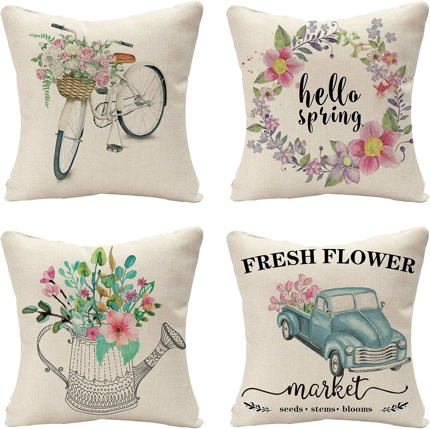 

Set of 4 Decorative Hello Spring 20 x 20 Inches Throw Pillow Covers - Bicycle Car Linen Square Pillow Cushion Case for Sofa Couc