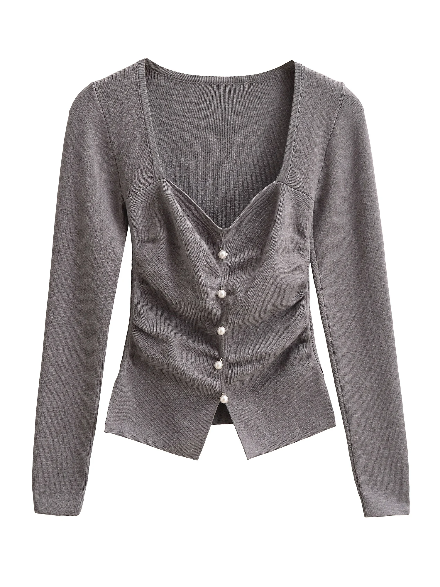 

American Retro Pleated Waist Slim Fit Pearl Button Long Sve Knitted Sweater Women's Ele Body ape Top