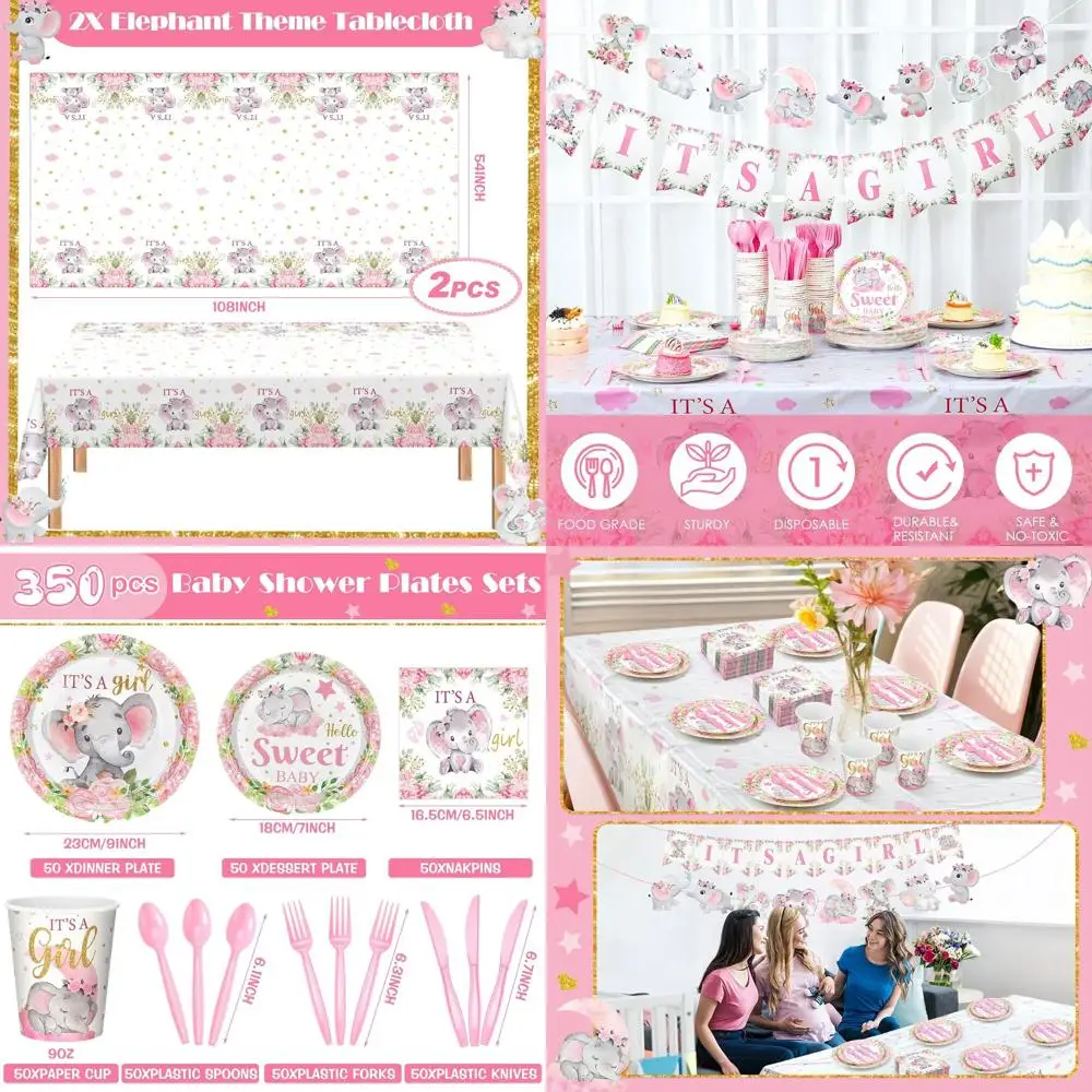 

Pink Elephant Baby Shower Kit for 50: Plates, Napkins, Tablecloth, Banner & Cup