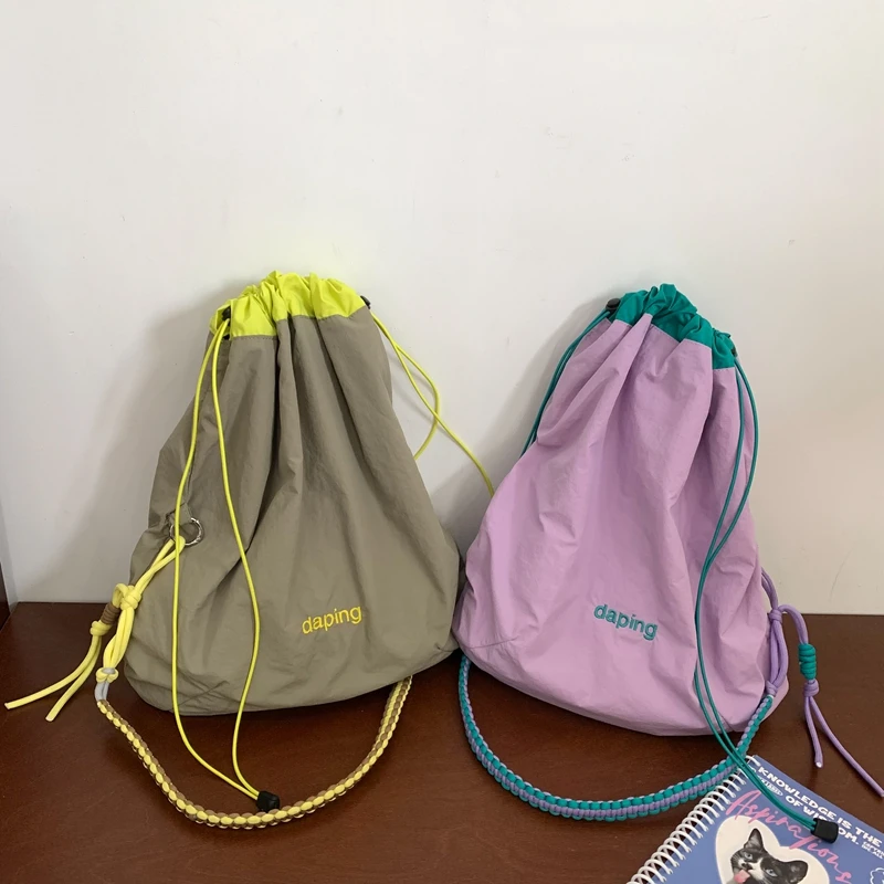 Nylon Solid Color Cute Style Women Female Kawaii Lightweight Messenger Bags Drawstring Girls  Teenage Soft Shoulder bag Fashion