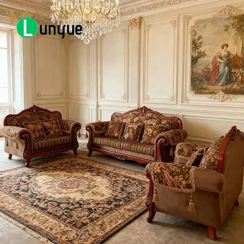 For Classic European Fabric Sofa Solid Wood Carved Frame Sponge Filled High Quality Apartment Living Room Furniture