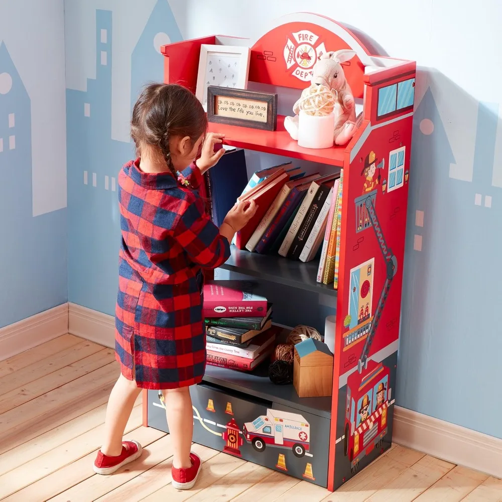 Fields Kids Bookcases, Little Fire Fighters Kids Wooden Bookshelf with Storage Drawer