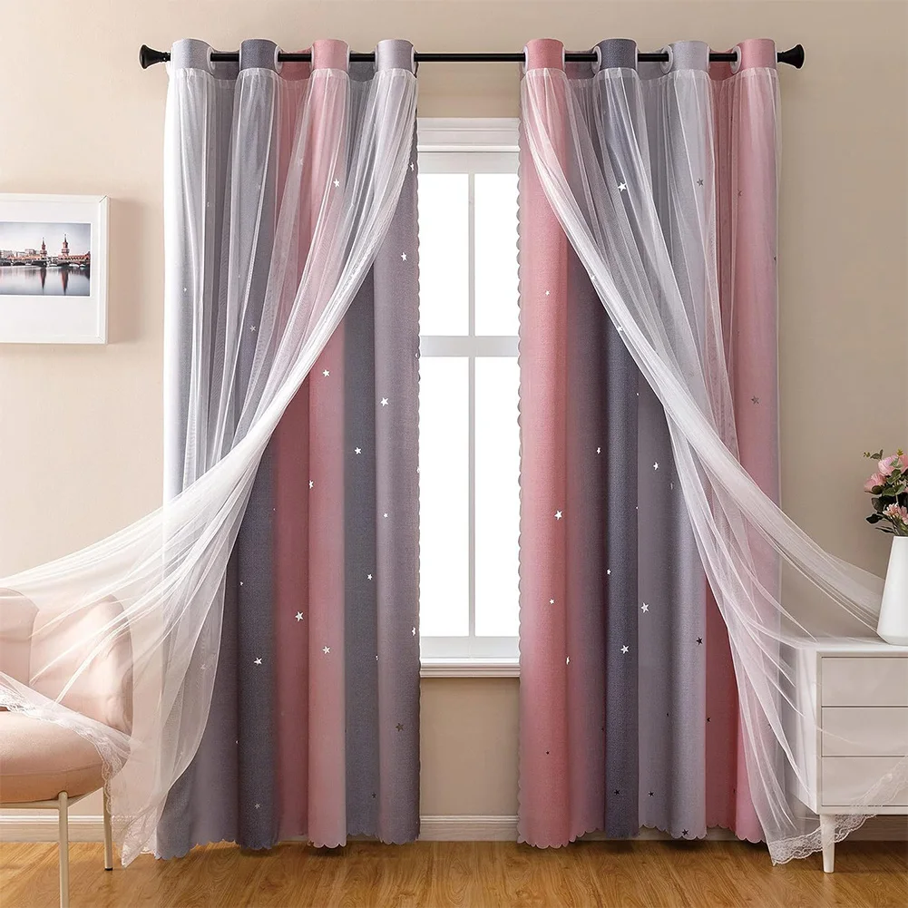 

Затемняющие шторы «Звездное небо» с радужным градиентом для девичьей спальни, с креплением на штангу, двойной слой, отделка кружевом